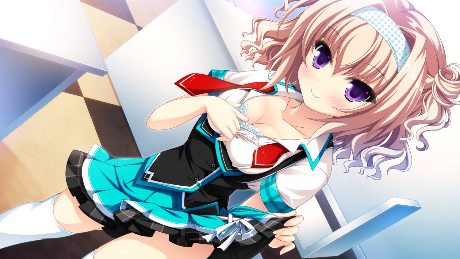 bra cleavage cocoro@function! game_cg hinata_momo seifuku shirakusa_ibuki skirt_lift thighhighs