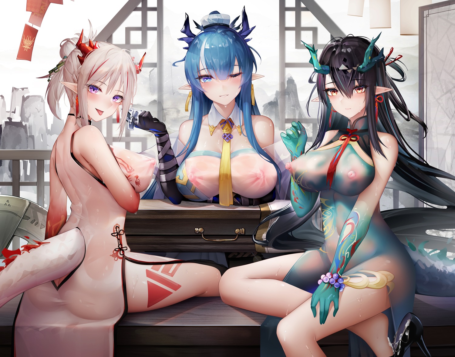 arknights asian_clothes ass chinadress dusk_(arknights) heels horns ling_(arknights) nian_(arknights) nipples no_bra nopan pointy_ears see_through tail tattoo wet_clothes zhixue