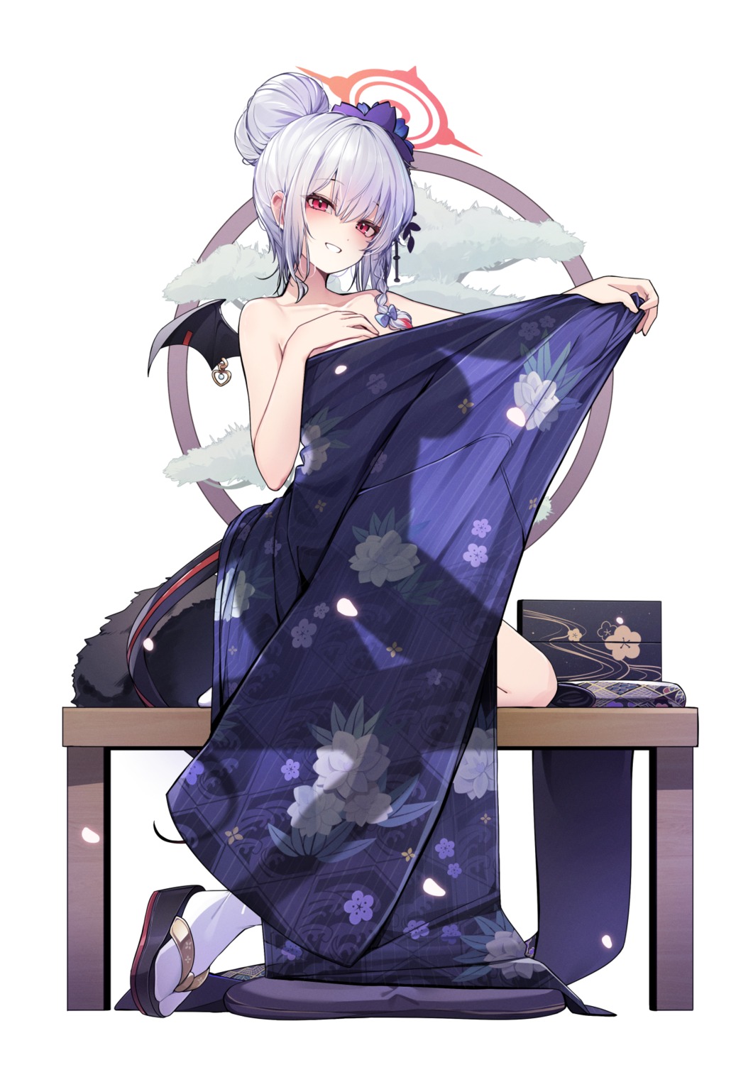 blue_archive ddangbi devil halo heels japanese_clothes kurodate_haruna no_bra see_through tail undressing wings