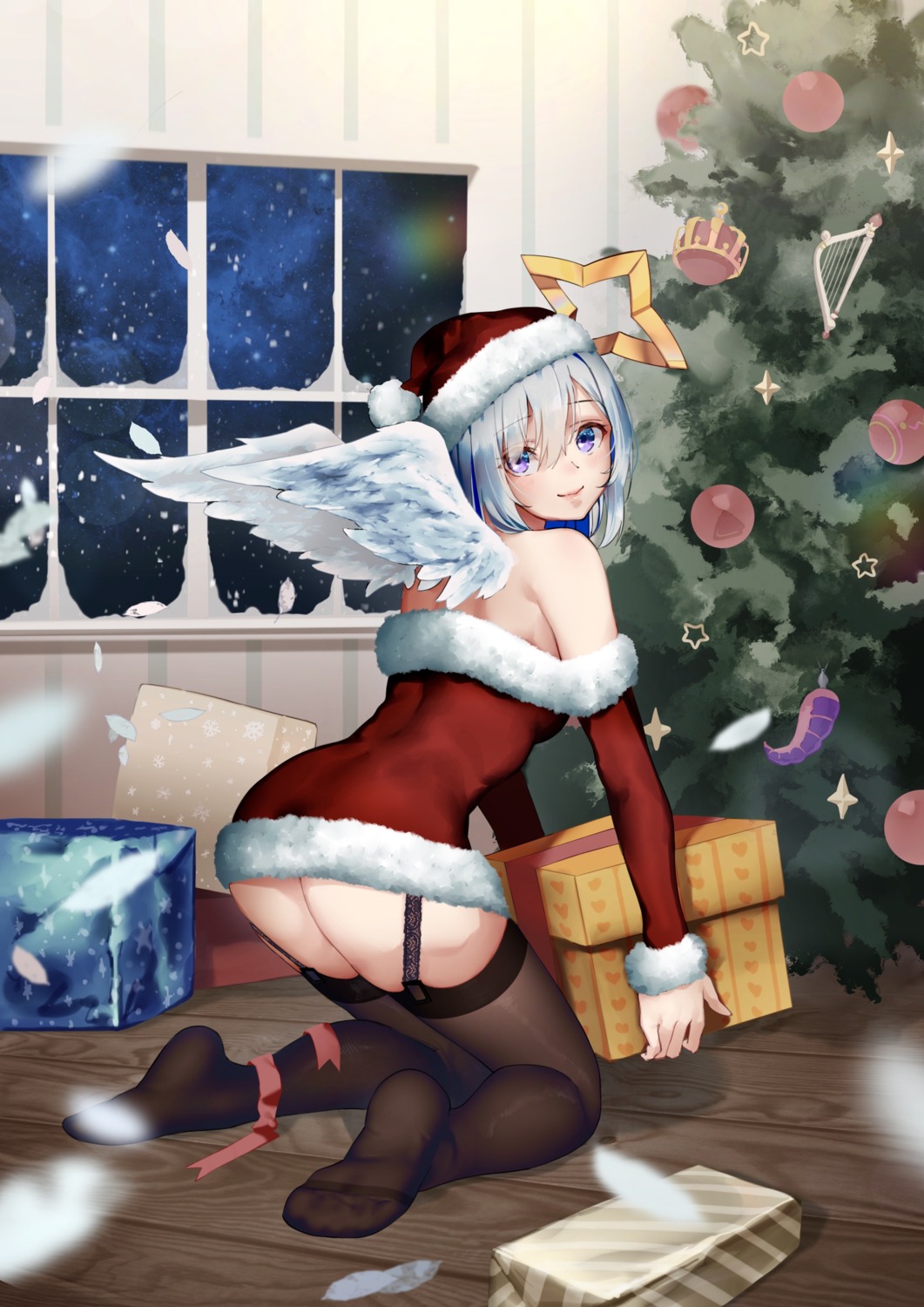 amane_kanata angel ass bennopi christmas dress feet hololive no_bra nopan skirt_lift stockings thighhighs wings