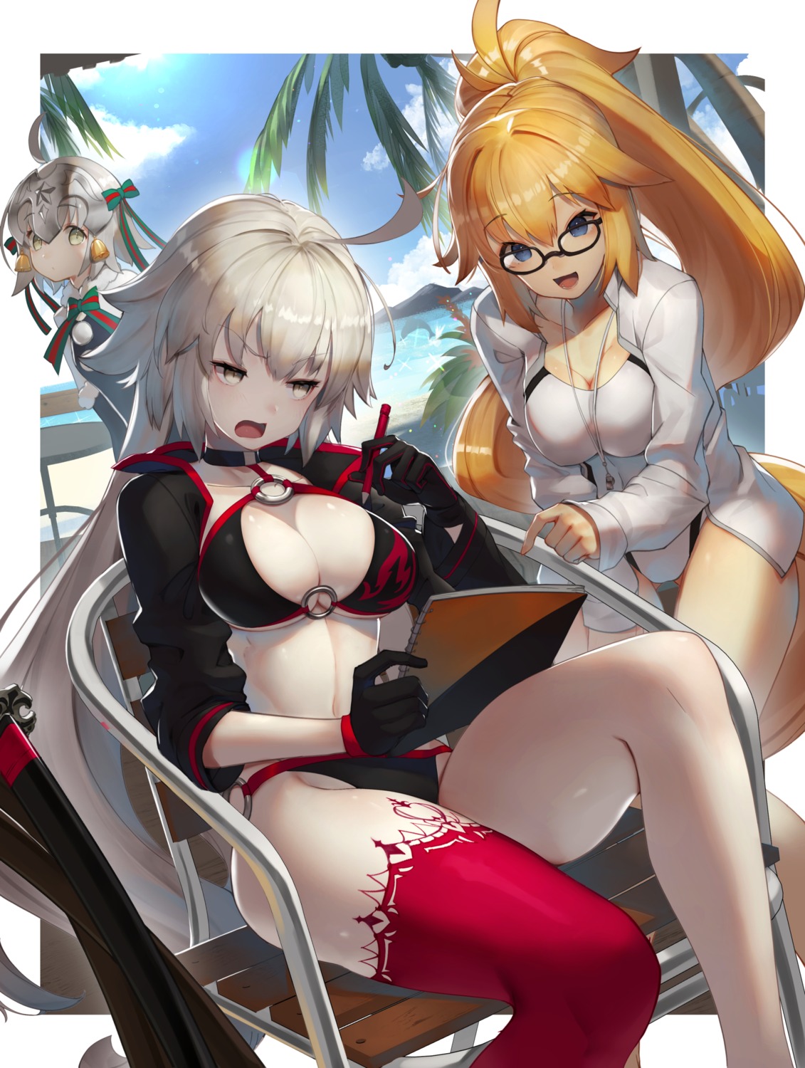 bikini cleavage fate/grand_order jeanne_d'arc jeanne_d'arc_(alter)_(fate) jeanne_d'arc_(fate) jeanne_d'arc_alter_santa_lily megane scottie swimsuits thighhighs