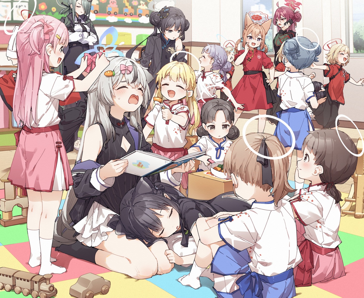 akeshiro_rumi animal_ears asian_clothes blue_archive chinadress garter halo kayama_reijo konoe_mina kusaka_shi megane nekomimi ryuuge_kisaki sunohara_kokona sunohara_shun