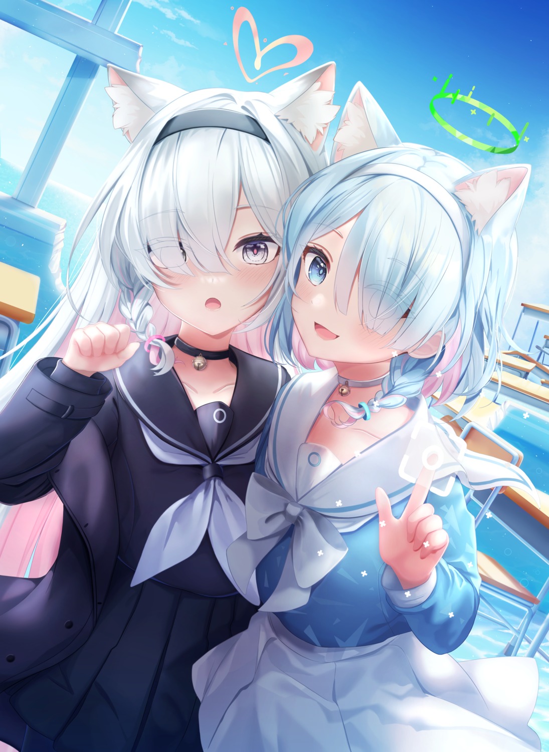 animal_ears arashiomoto arona_(blue_archive) blue_archive halo nekomimi plana_(blue_archive) seifuku