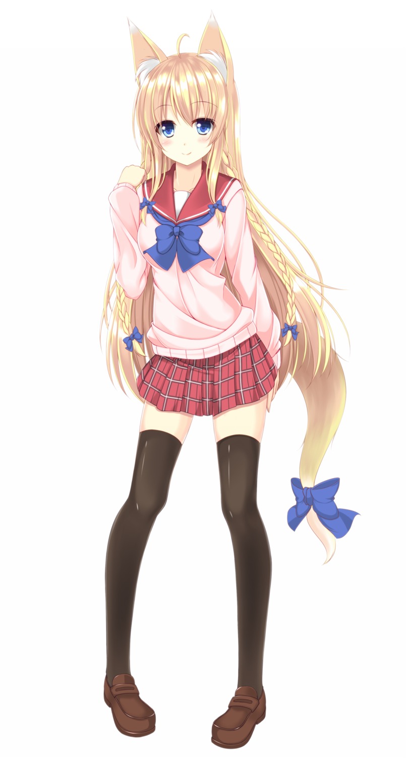 animal_ears kitsune seifuku sogaya tail thighhighs