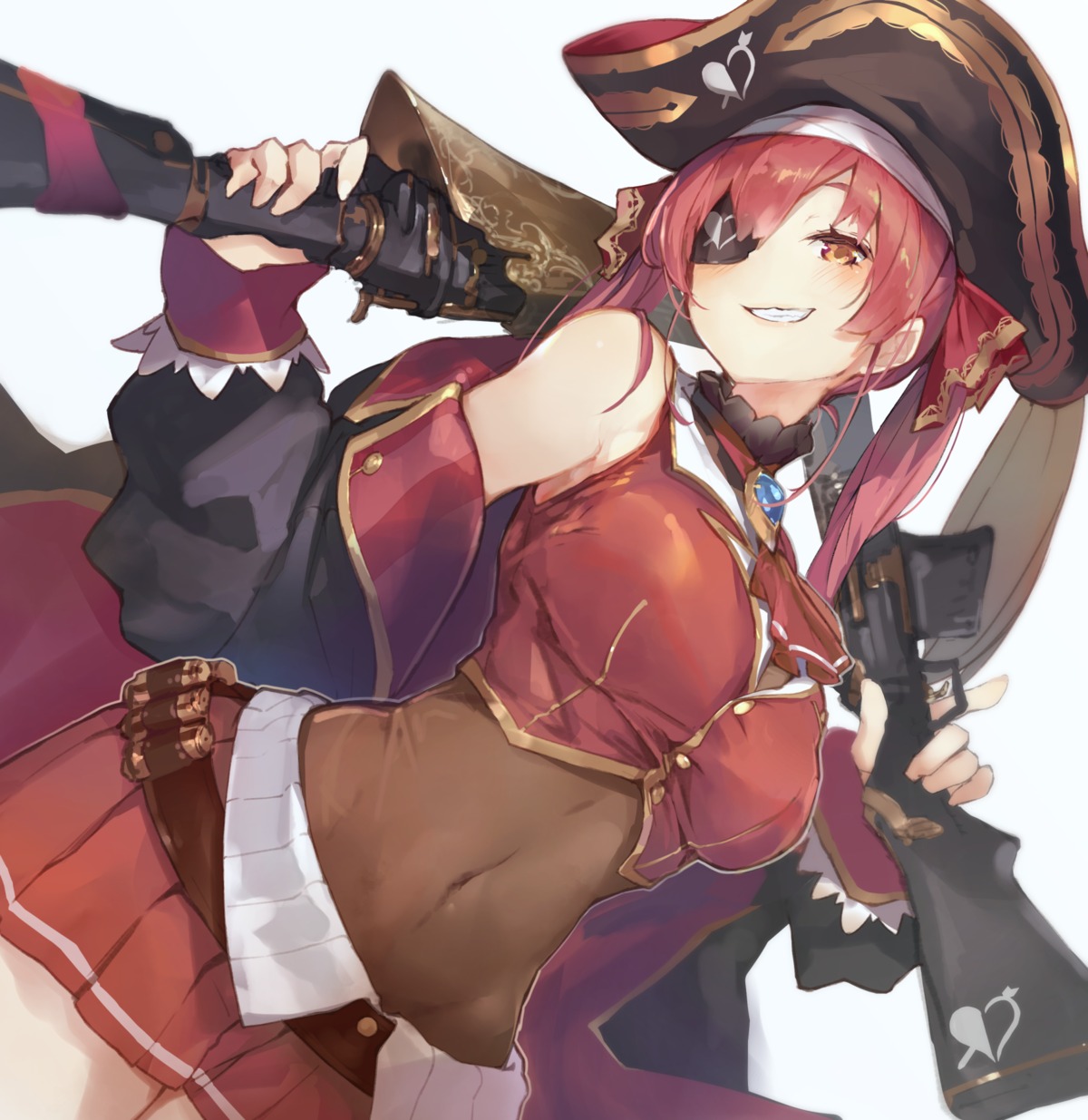 cruel_gz eyepatch gun hololive houshou_marine pirate thighhighs