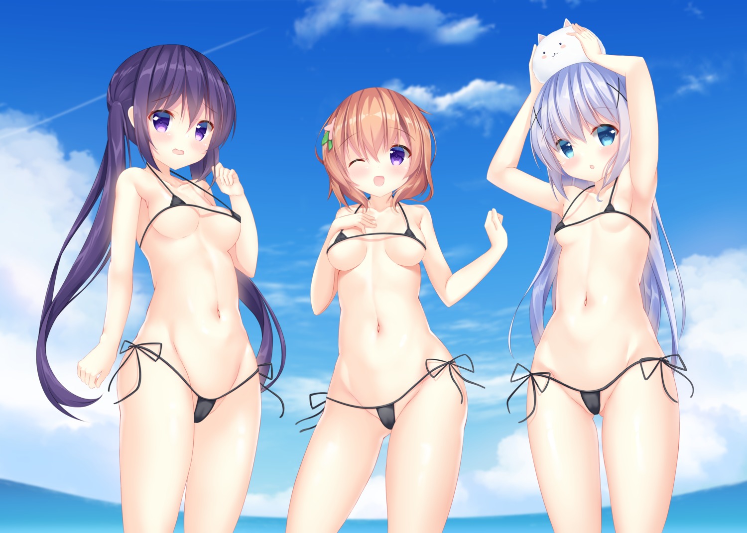 bikini breast_hold cameltoe gochuumon_wa_usagi_desu_ka? hoto_cocoa kafuu_chino loli pizzzica swimsuits tedeza_rize tippy_(gochiusa)