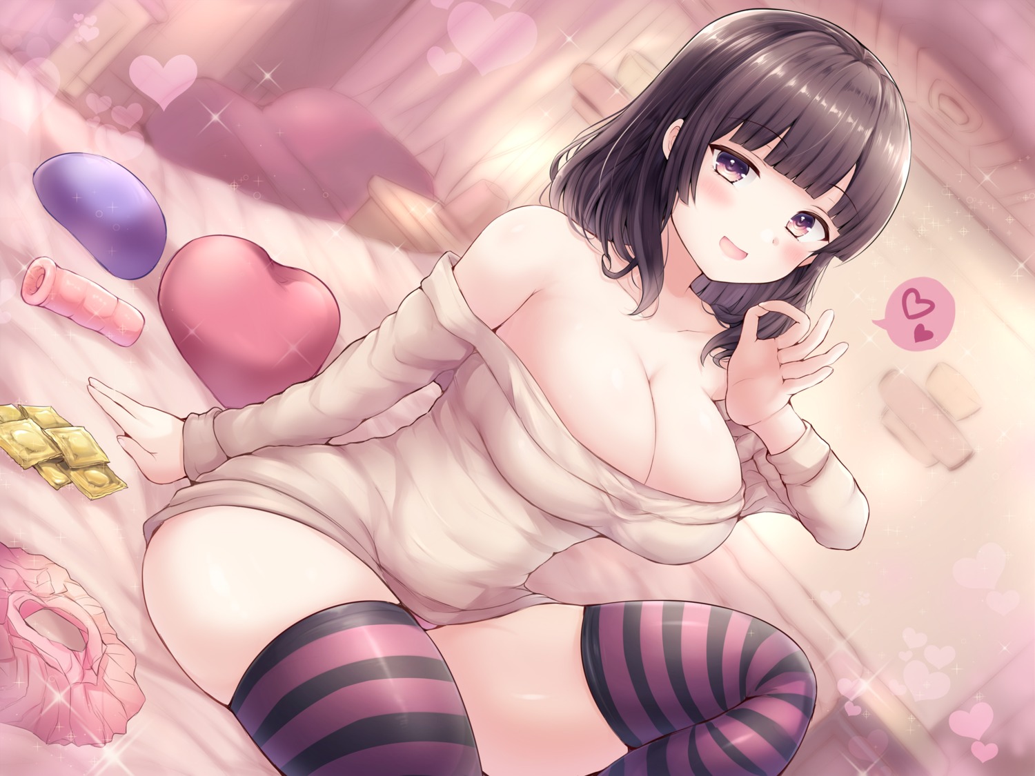 naoyaxx no_bra open_shirt pantsu skirt_lift sweater thighhighs