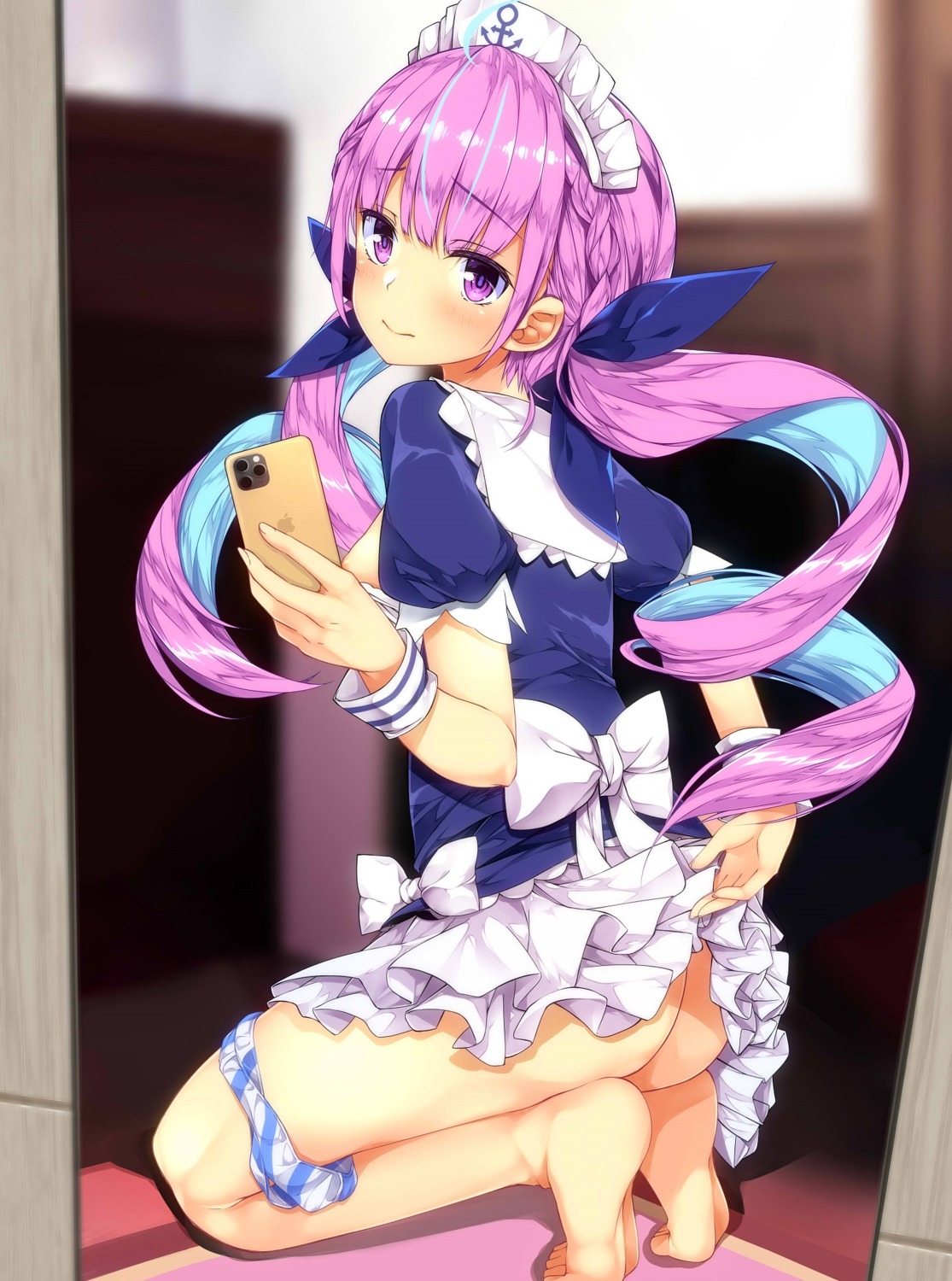 ass breasts feet hololive maid minato_aqua nipple_slip no_bra pantsu panty_pull shimapan skirt_lift tries_toriaezu