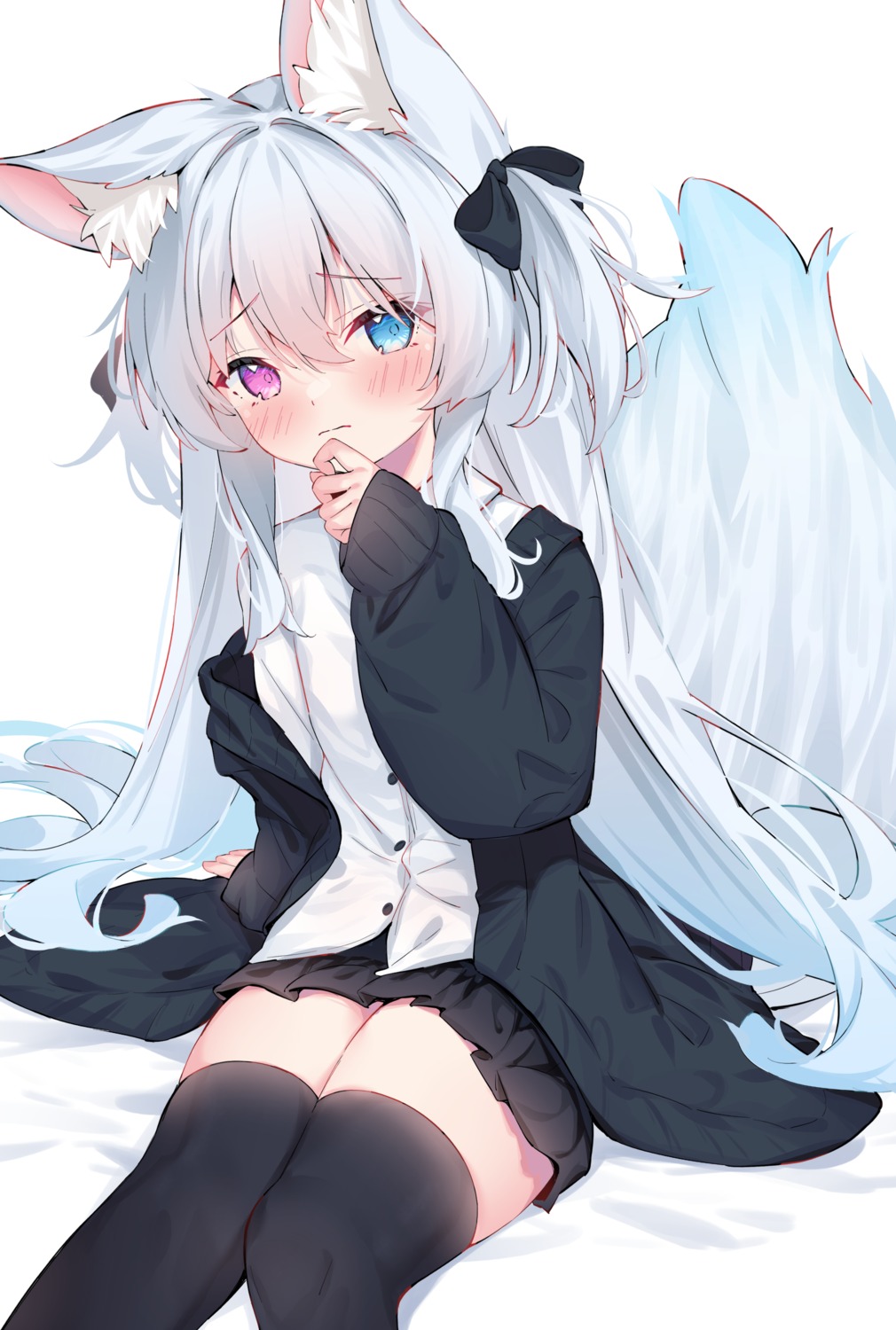 animal_ears heterochromia kitsune leafpie_zaurus seifuku sweater tail thighhighs