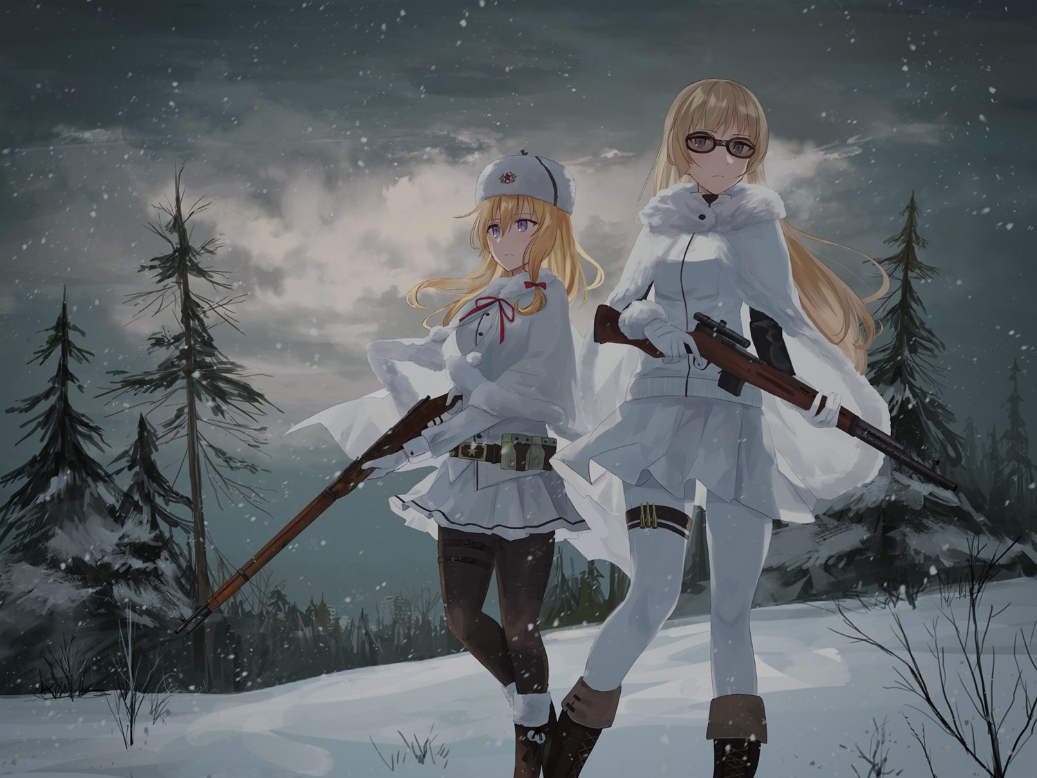 chihuri garter girls_frontline gun landscape megane mosin-nagant_(girls_frontline) pantyhose svt-38_(girls_frontline)