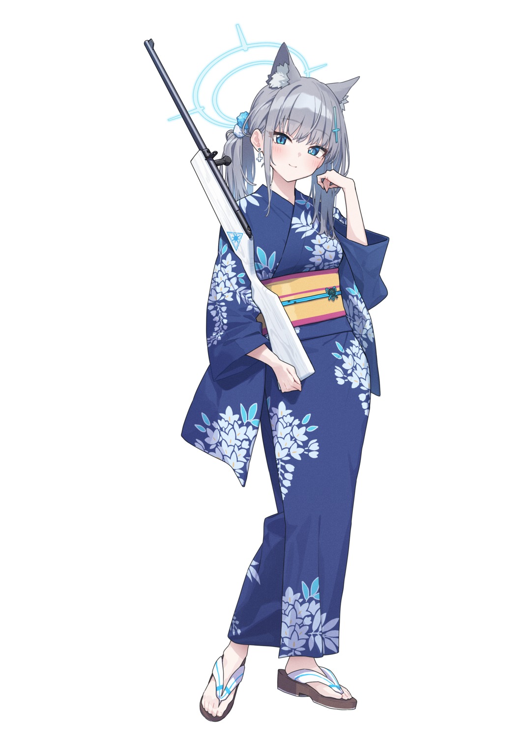 animal_ears baffu blue_archive gun halo nekomimi sunaookami_shiroko yukata