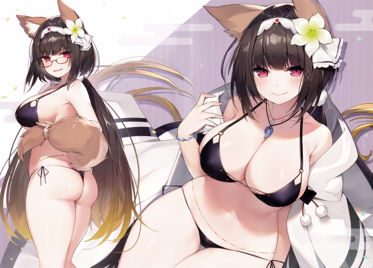 animal_ears ass bikini fate/grand_order megane muryo osakabe-hime_(fate/grand_order) possible_duplicate scanning_artifacts swimsuits tail