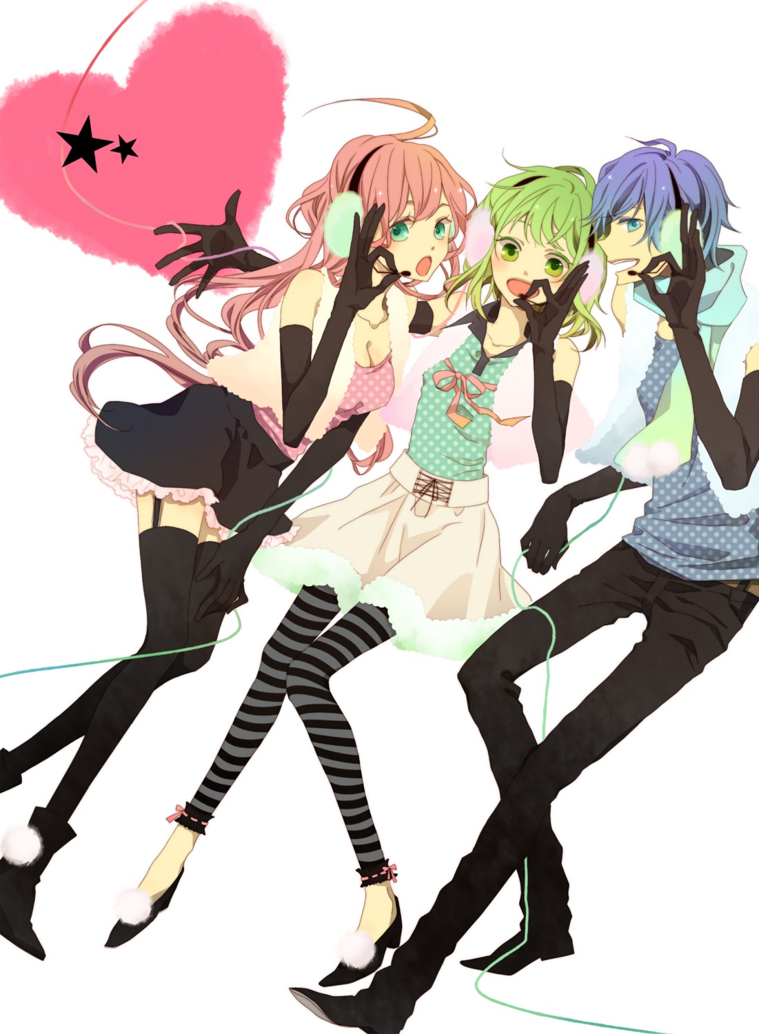 cleavage gumi happy_synthesizer_(vocaloid) kaito megurine_luka nico_(artist) stockings thighhighs vocaloid