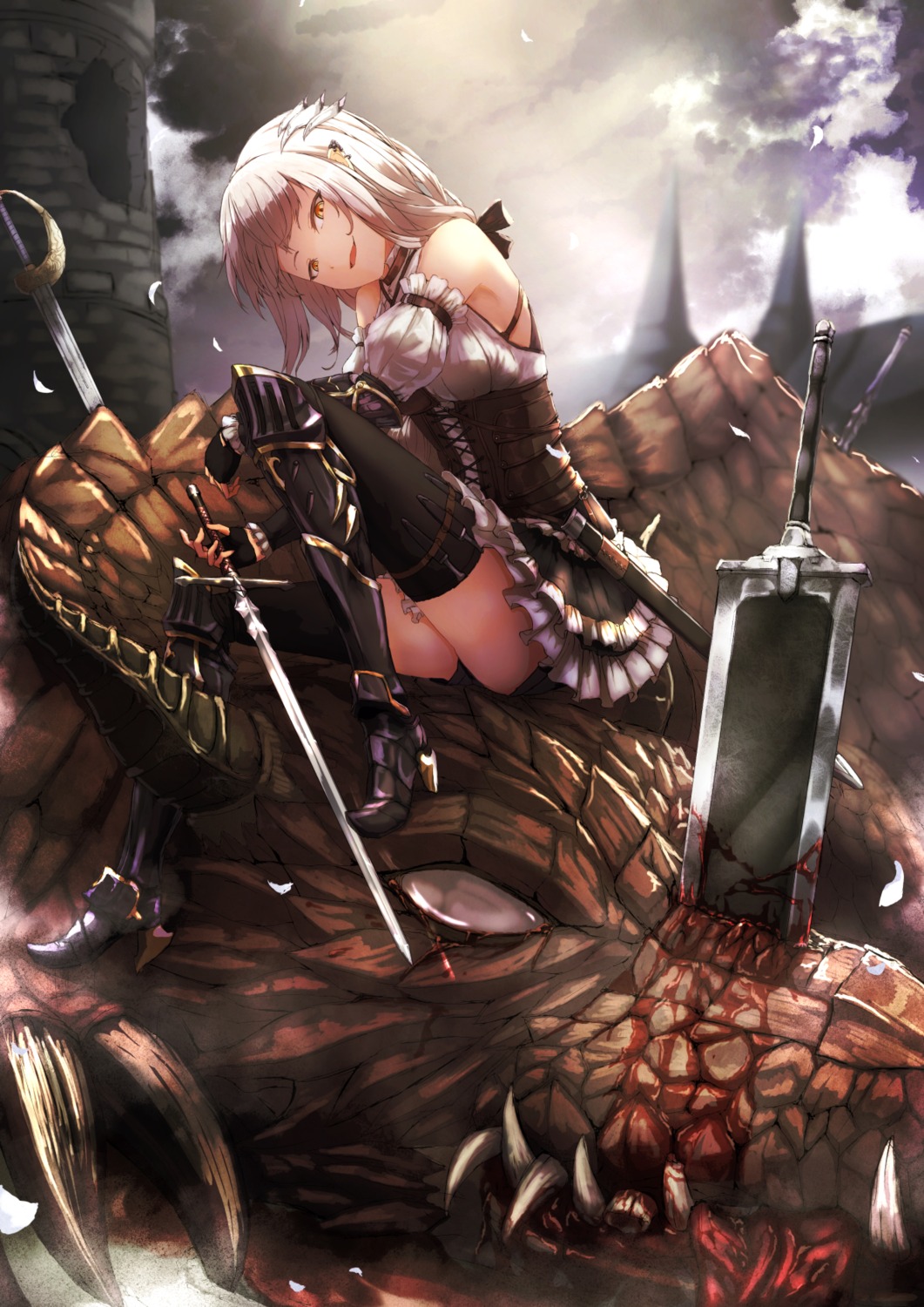 armor blood bra guro heels monster namacotan pointy_ears sword thighhighs