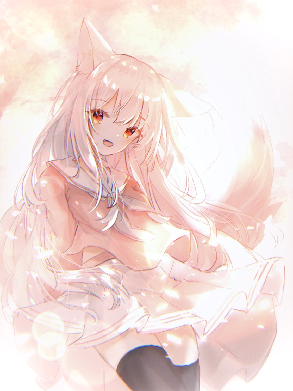 animal_ears kitsune miyu_(miy_u1308) seifuku skirt_lift tail thighhighs