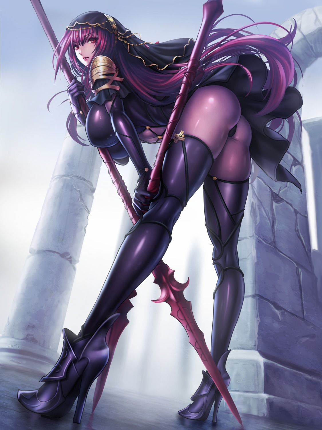 armor ass bodysuit fate/grand_order heels nun sadakage scathach_(fate/grand_order) thighhighs weapon