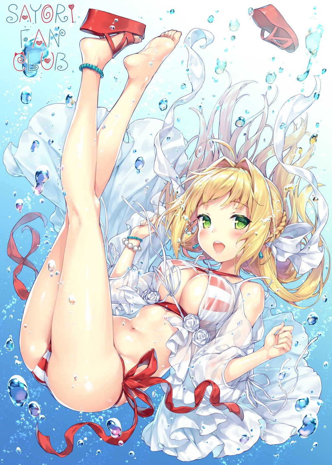 bikini fate/grand_order neko_works open_shirt saber_bride saber_extra sayori see_through swimsuits wet