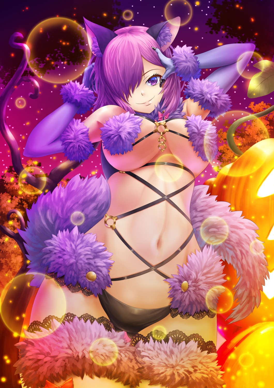 animal_ears cosplay fate/grand_order fujifuji halloween mash_kyrielight open_shirt pantsu tail underboob