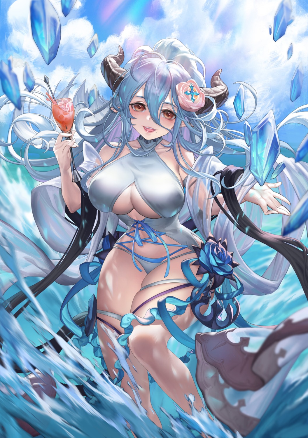 bikini fengyin_shici_guozi garter granblue_fantasy horns izmir_(granblue_fantasy) pointy_ears swimsuits wet