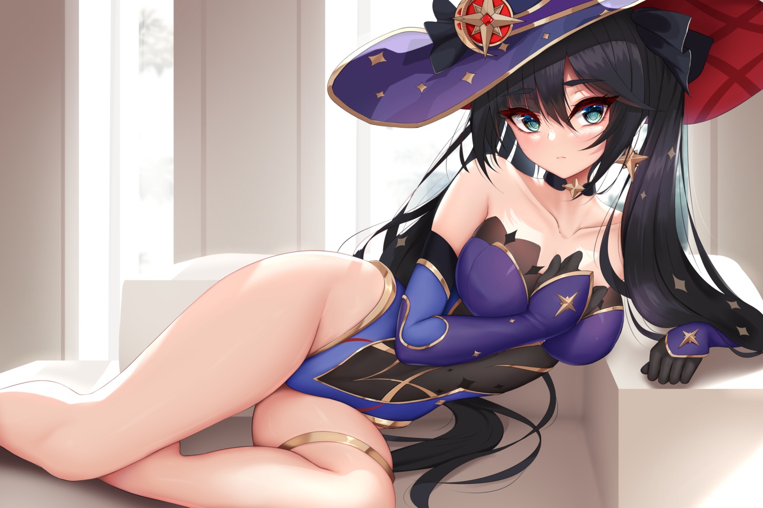 damao_yu garter genshin_impact leotard mona_megistus no_bra witch