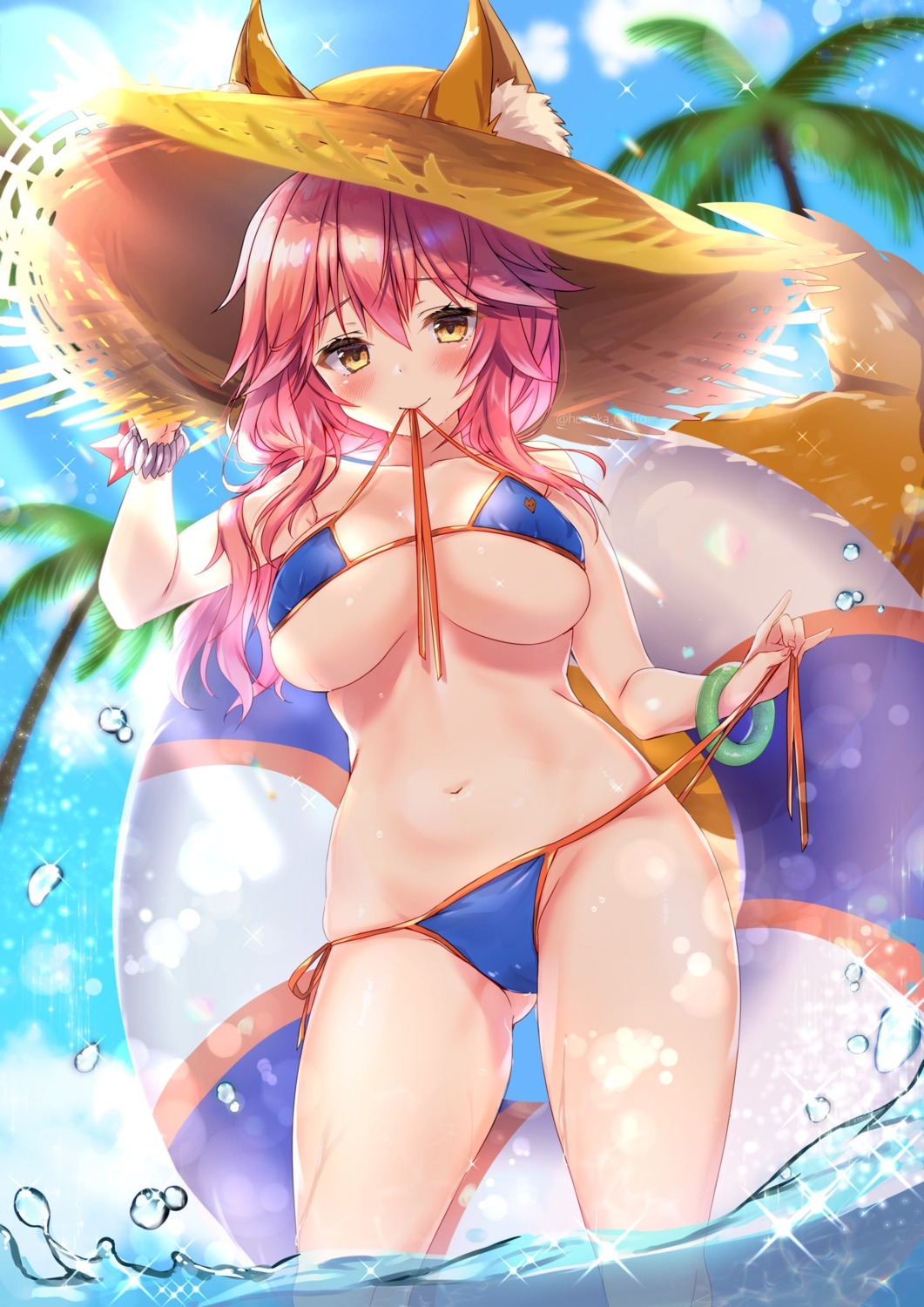 animal_ears bikini cameltoe fate/grand_order honoka_(moe-moeko) swimsuits tail tamamo_no_mae undressing wet