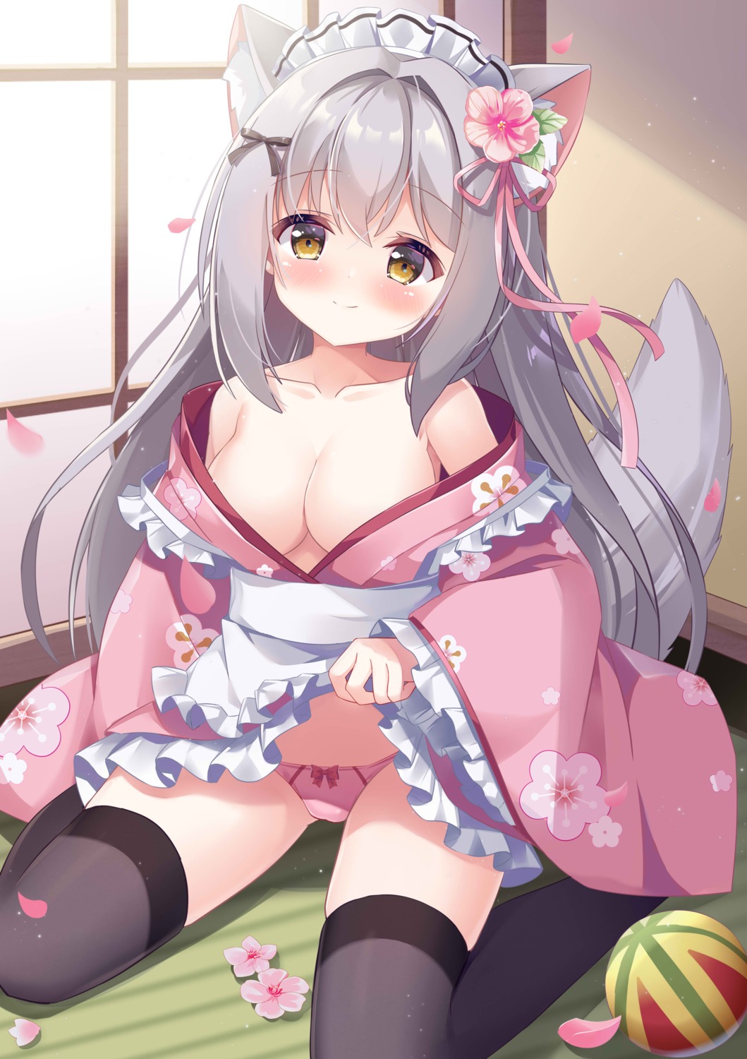 animal_ears cameltoe fengshen_chino maid no_bra open_shirt pantsu skirt_lift tail thighhighs wa_maid