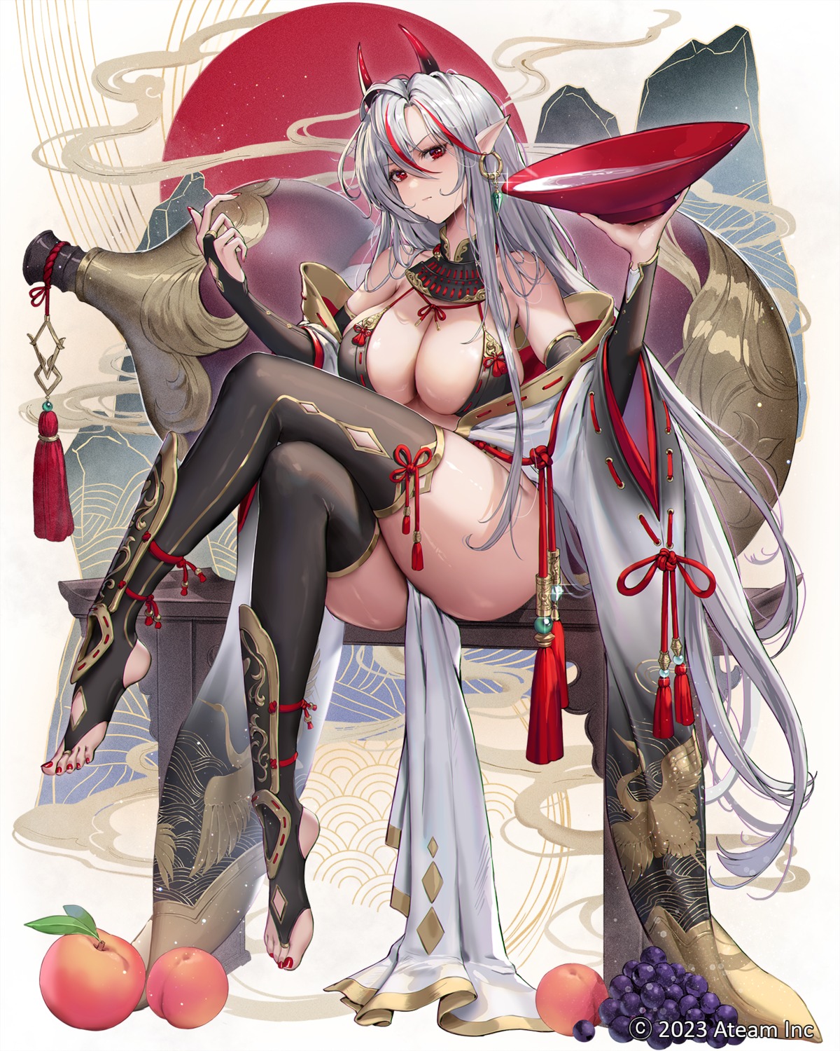 bra horns jademoon japanese_clothes open_shirt pointy_ears sangoku_taisen_smash! thighhighs