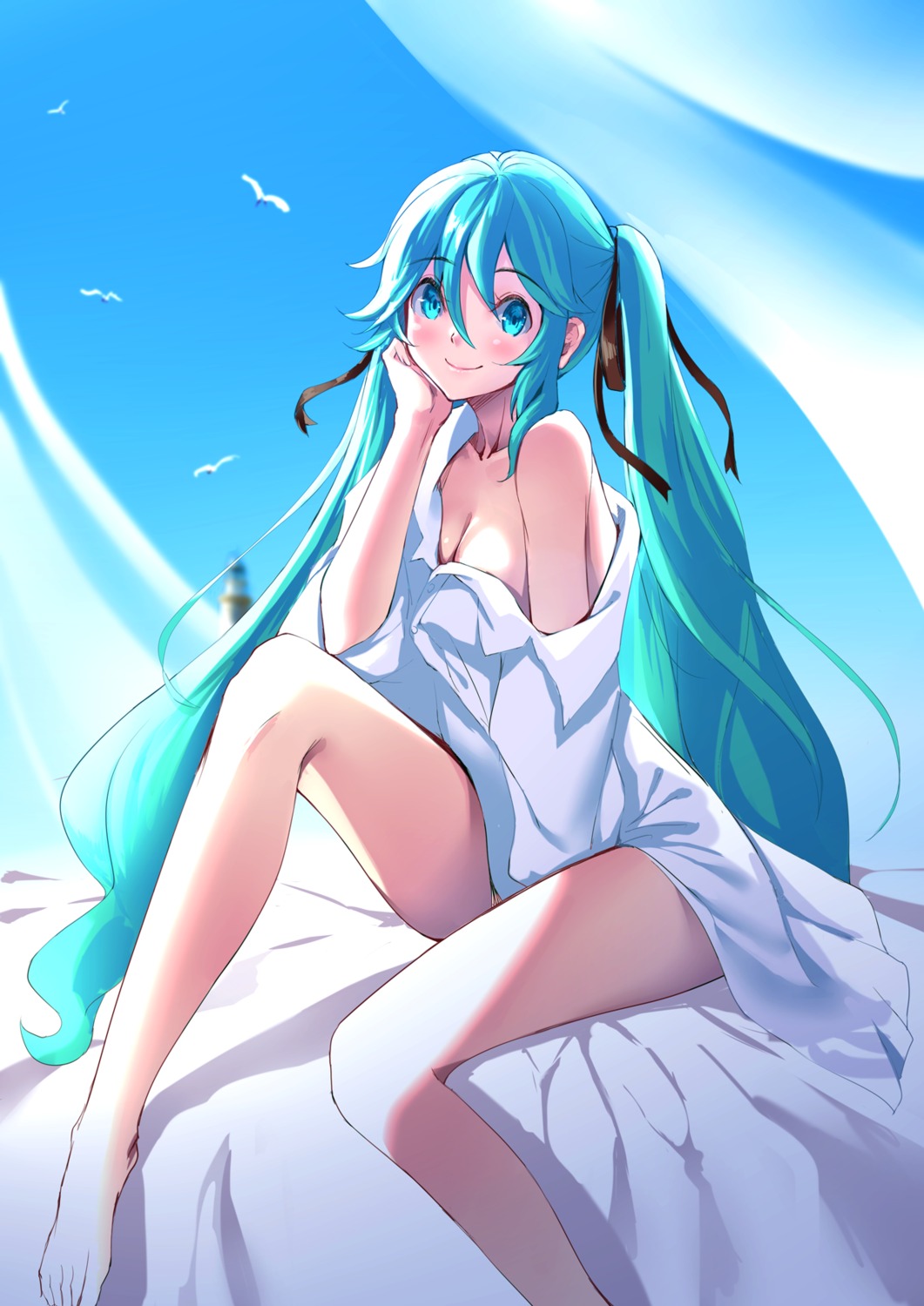 dress_shirt hatsune_miku mikoto_(mio) no_bra open_shirt vocaloid