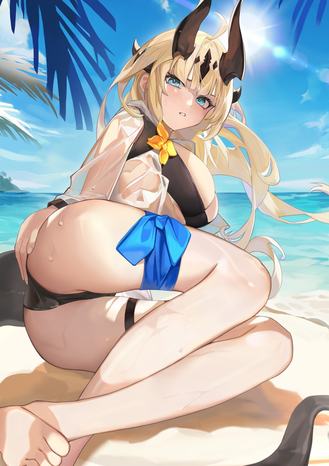 arknights bikini garter horns open_shirt reed_(arknights) renleiwanyier see_through swimsuits tail thong