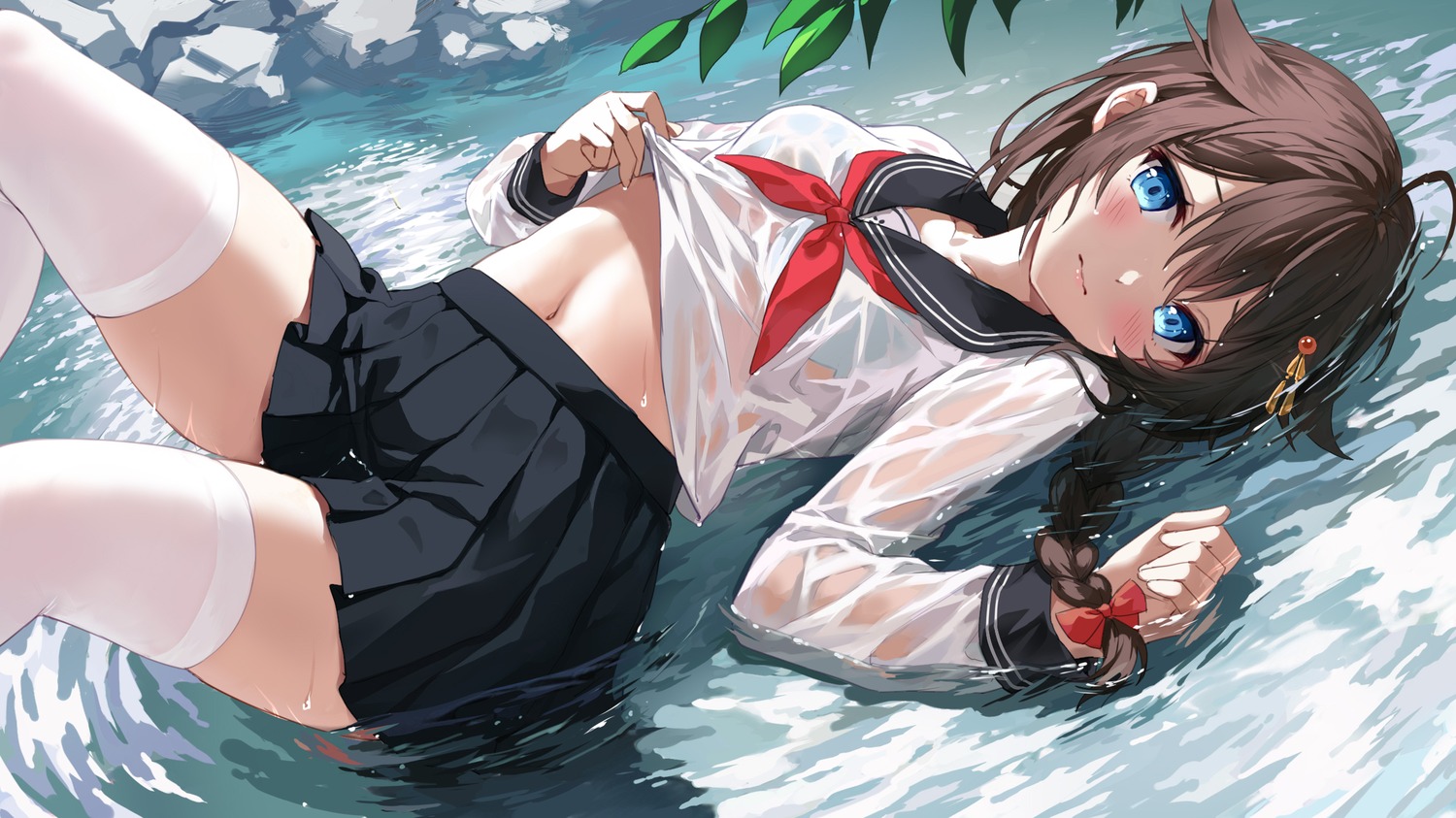 bra devil_heavens kantai_collection see_through seifuku shigure_(kancolle) shirt_lift thighhighs undressing wet wet_clothes