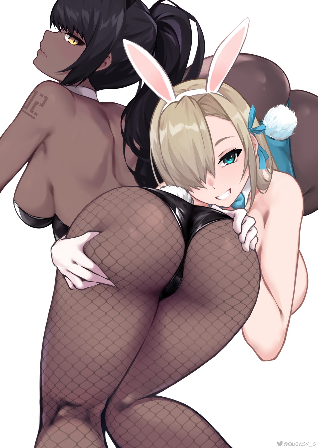 animal_ears ass ass_grab blue_archive bunny_ears bunny_girl fishnets ichinose_asuna kakudate_karin no_bra pantyhose queasy_s tail tattoo