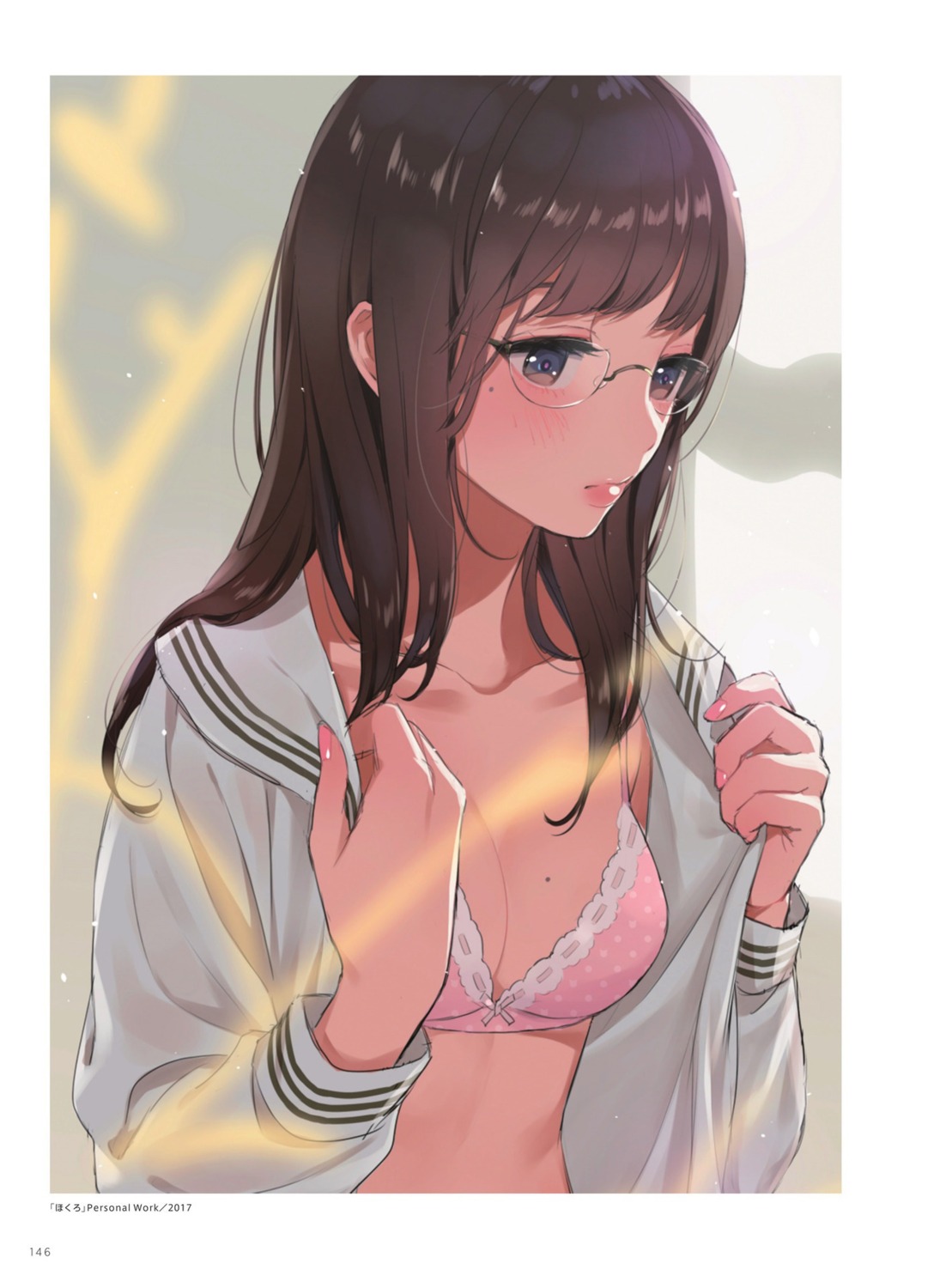 bra megane morikura_en open_shirt seifuku undressing