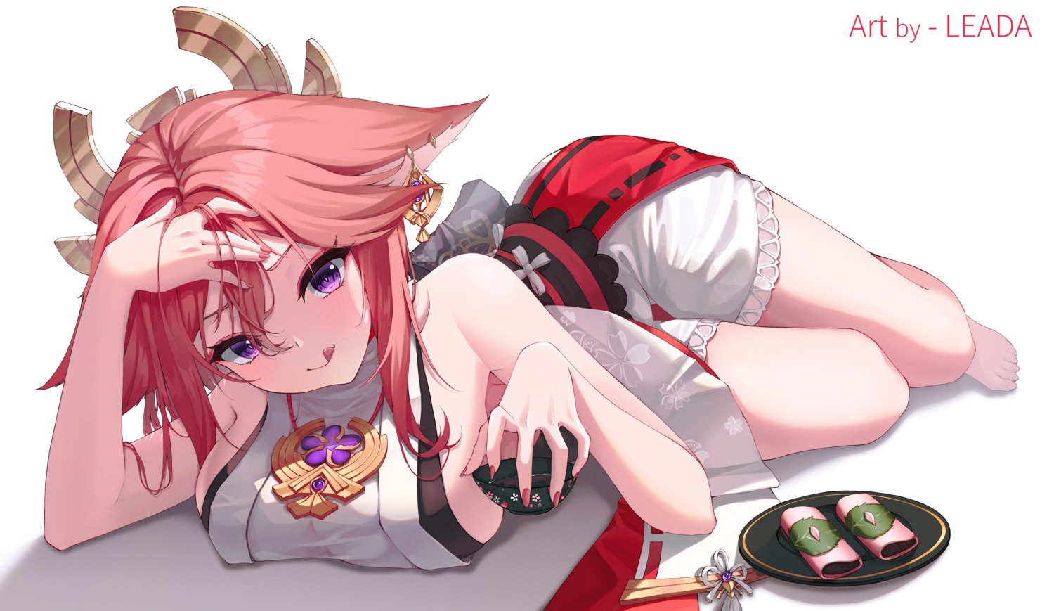 animal_ears genshin_impact japanese_clothes kitsune leada no_bra sake yae_miko