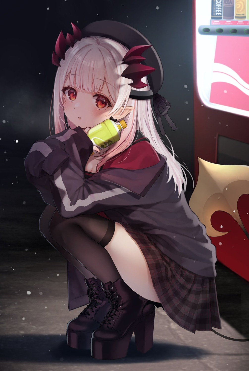 cleavage honey_strap horns nanashi_inc. pointy_ears skirt_lift suou_patra tail thighhighs toramaru