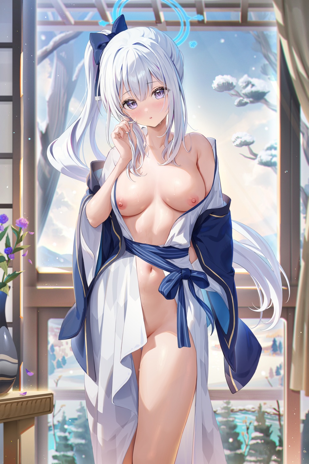 blue_archive breasts halo houkisei nipples no_bra nopan open_shirt tsukiyuki_miyako wet yukata