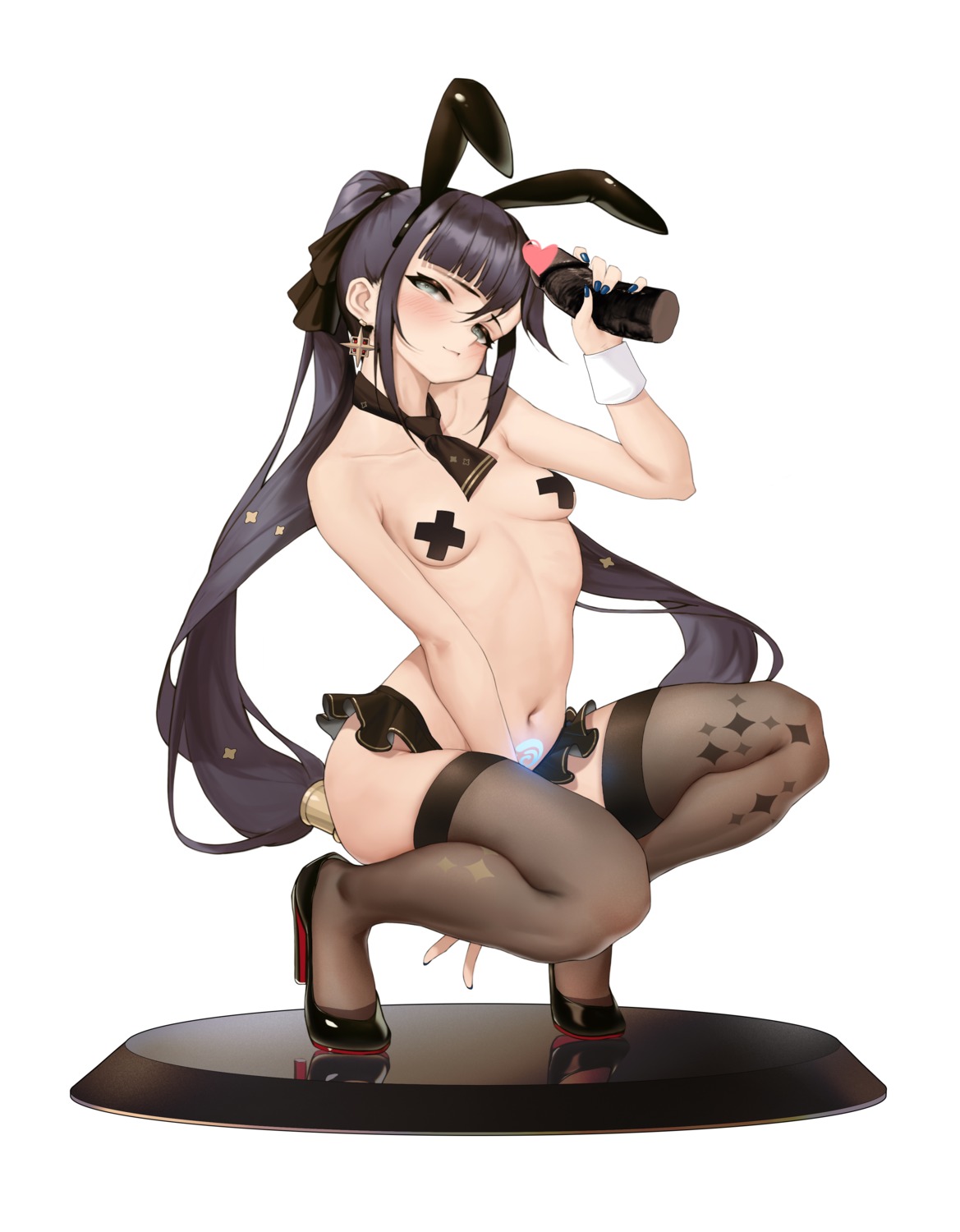 animal_ears bunny_ears dildo genshin_impact heels l_ract mona_megistus pasties tattoo thighhighs topless