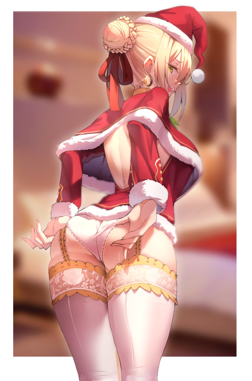 ass christmas dress fate/grand_order k_pring no_bra pantsu saber_extra skirt_lift stockings thighhighs