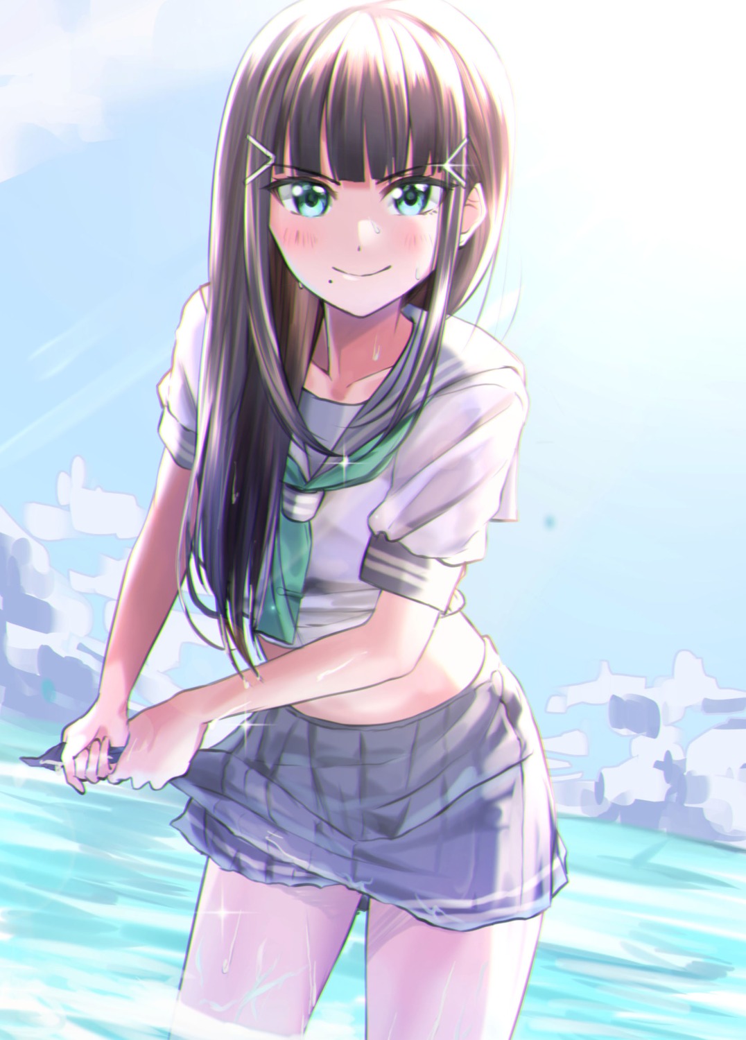 kurosawa_dia love_live!_(series) love_live!_sunshine!! seifuku shaka_(staito0515) shirt_lift skirt_lift wet wet_clothes