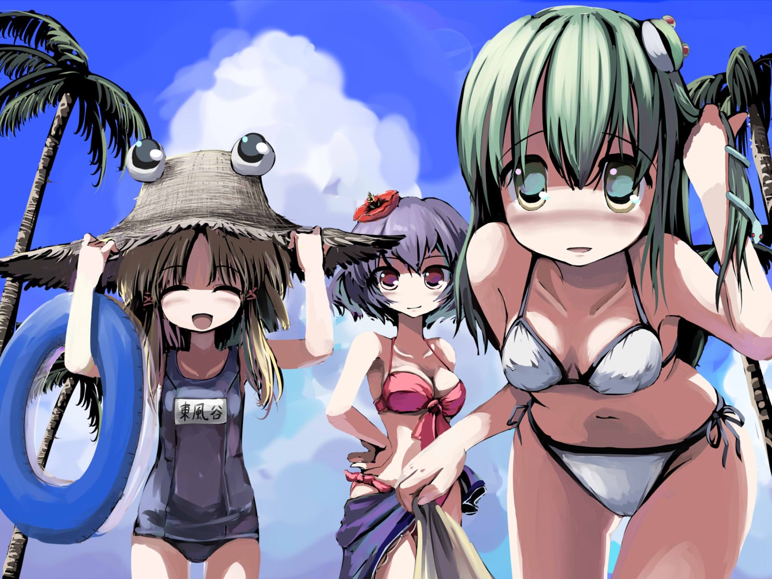 bikini cleavage gatau kochiya_sanae moriya_suwako school_swimsuit swimsuits touhou wallpaper yasaka_kanako