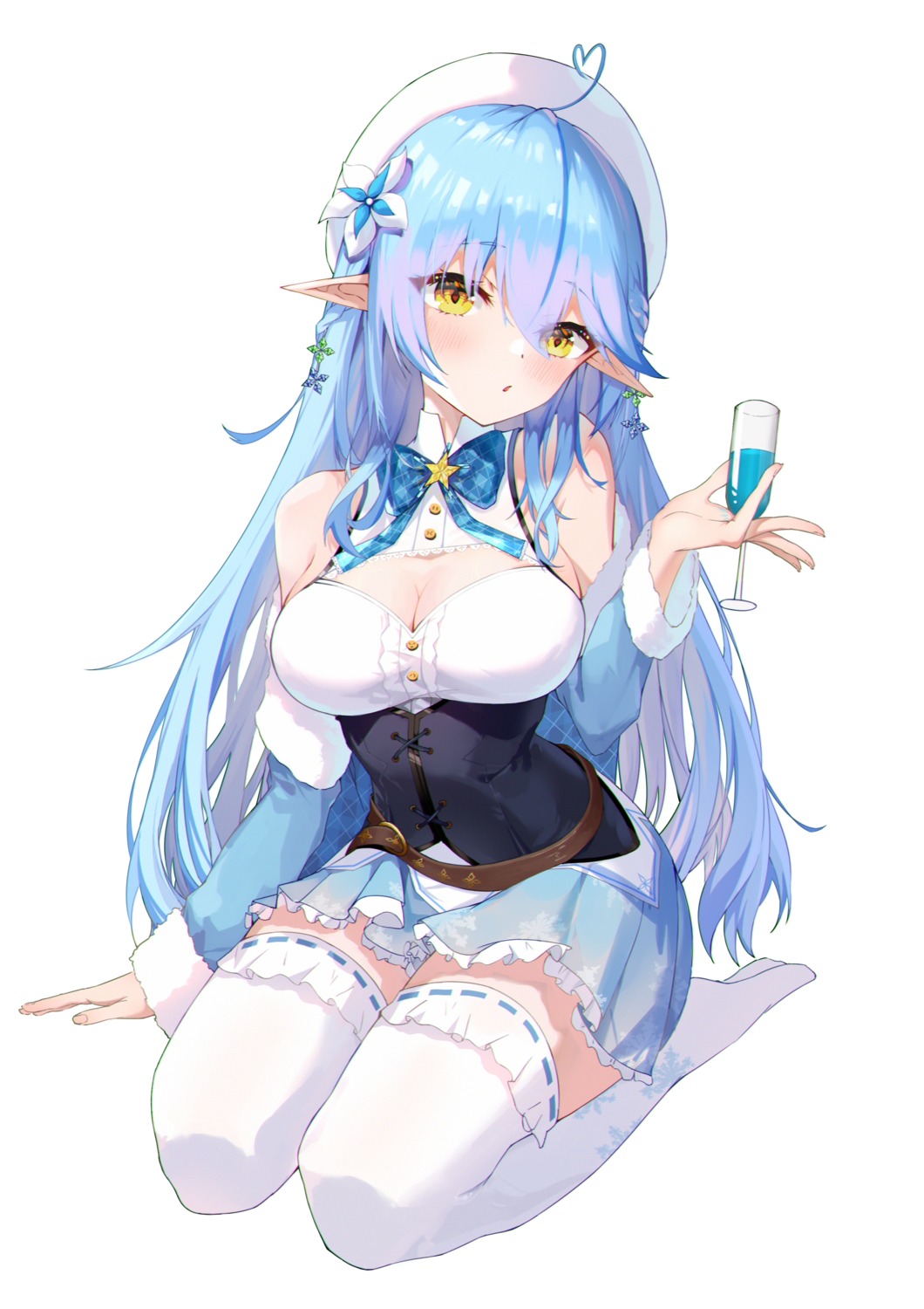 bsmycc cleavage elf hololive no_bra pointy_ears see_through thighhighs yukihana_lamy