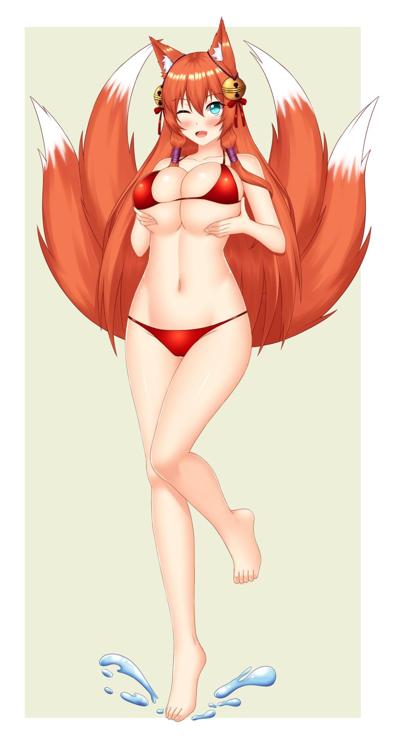 animal_ears bikini breast_hold cysh keshigomu kitsune swimsuits tail