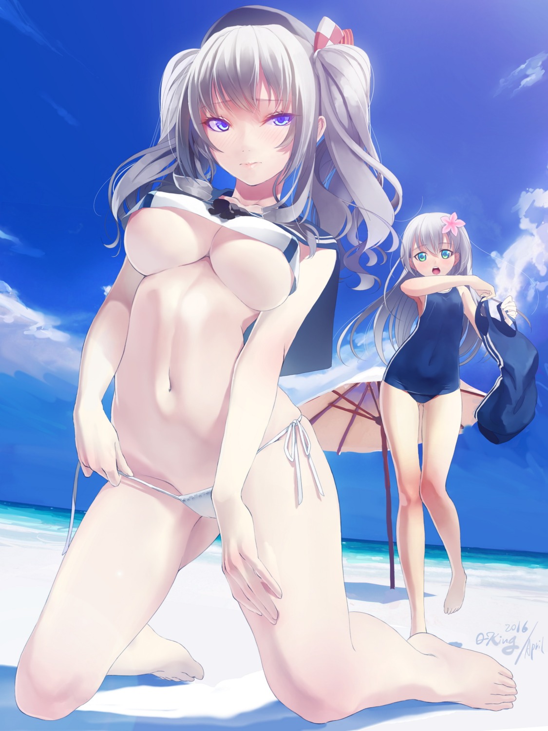 bikini kantai_collection kashima_(kancolle) okingjo panty_pull ro-500 school_swimsuit swimsuits underboob undressing