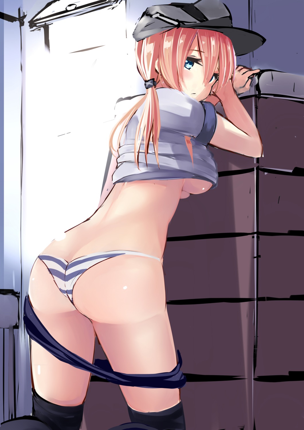 ass irohasu kantai_collection pantsu prinz_eugen_(kancolle) shimapan shirt_lift thighhighs underboob