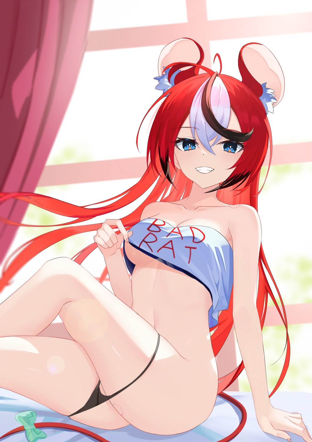 animal_ears hakos_baelz hololive hololive_english jiang_ye_kiri no_bra pantsu panty_pull tail undressing