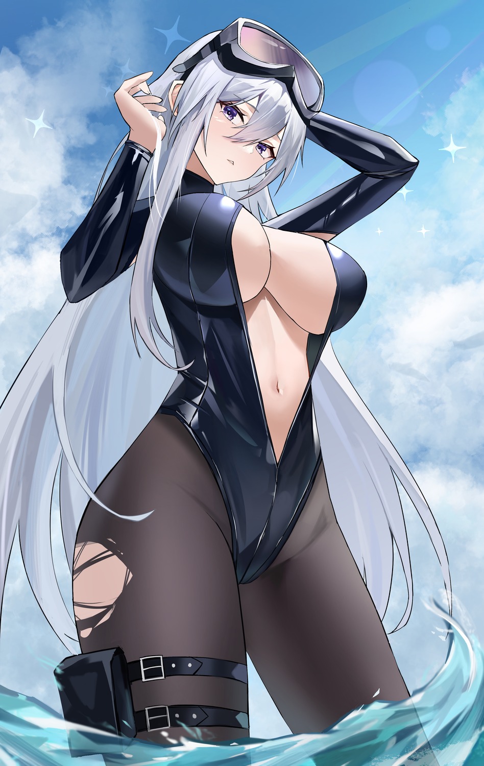 azur_lane enterprise_(azur_lane) garter hai_binggan leotard no_bra open_shirt pantyhose torn_clothes wet wet_clothes