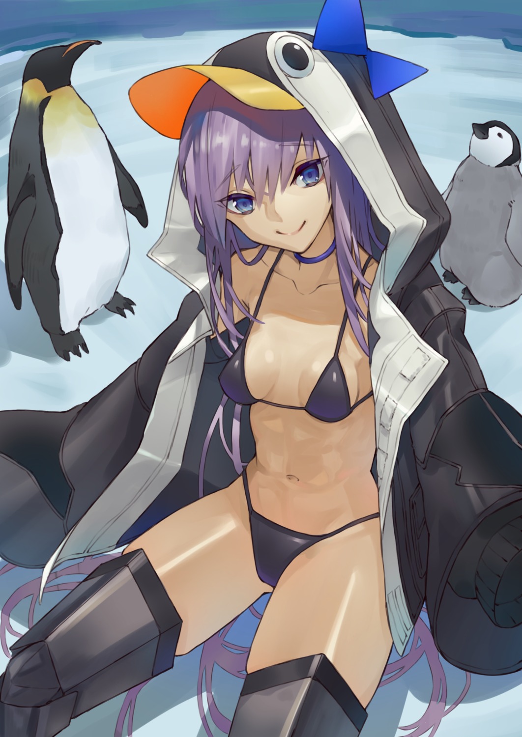 armor bikini fate/grand_order meltryllis open_shirt penguin swimsuits takayanagi_naoki thighhighs