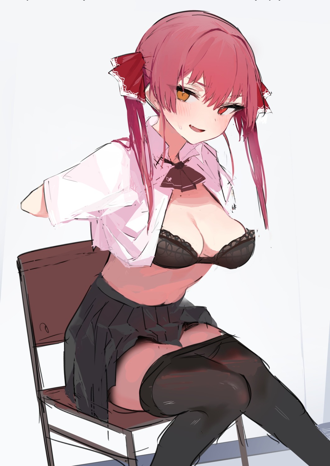 bra heterochromia hololive houshou_marine open_shirt pantyhose pomesaurus seifuku shirt_lift sketch skirt_lift undressing