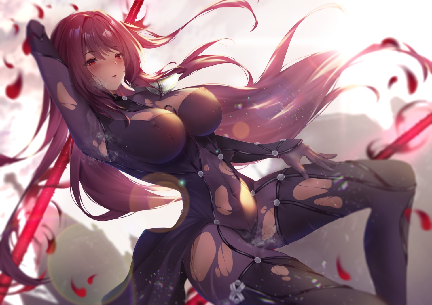 armor bodysuit erect_nipples fate/grand_order no_bra nolmo scathach_(fate/grand_order) torn_clothes weapon