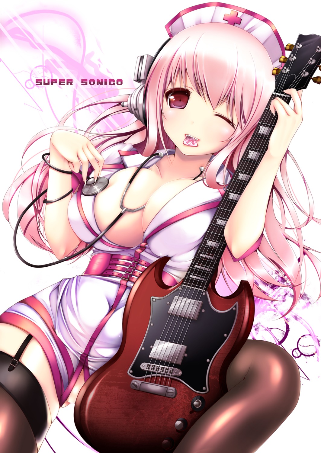 cleavage guitar headphones nopan nurse sonico stockings super_sonico thighhighs yunchaso