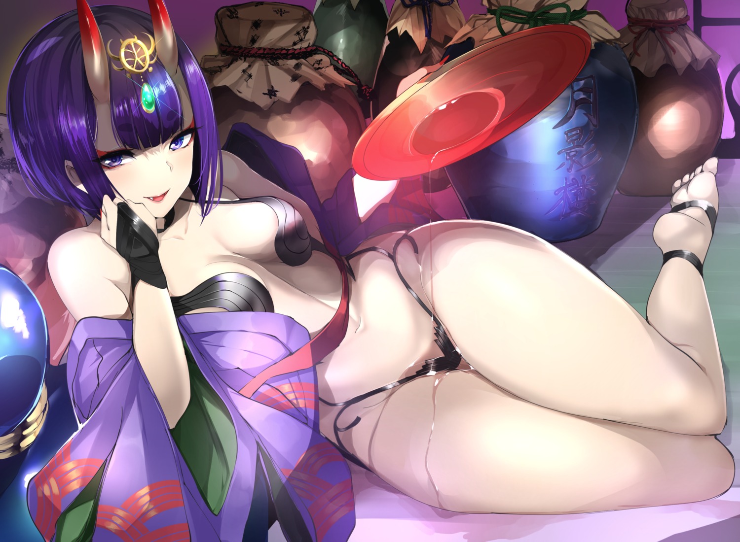 agetama fate/grand_order horns japanese_clothes no_bra open_shirt pantsu shuten_douji_(fate/grand_order) wet